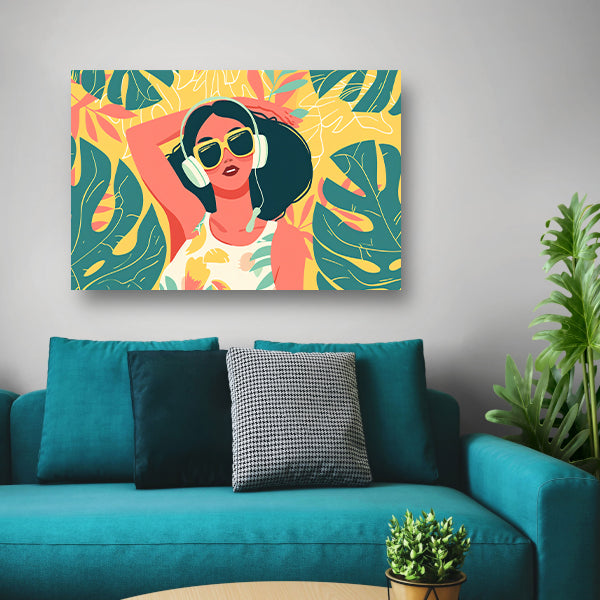 Kleurrijke vrouw met koptelefoon in relaxmodus   acrylglas