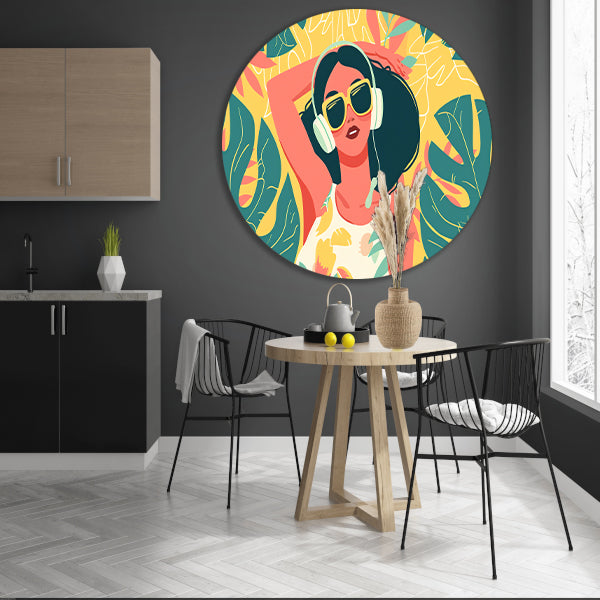 Kleurrijke vrouw met koptelefoon in relaxmodus aluminium muurcirkel