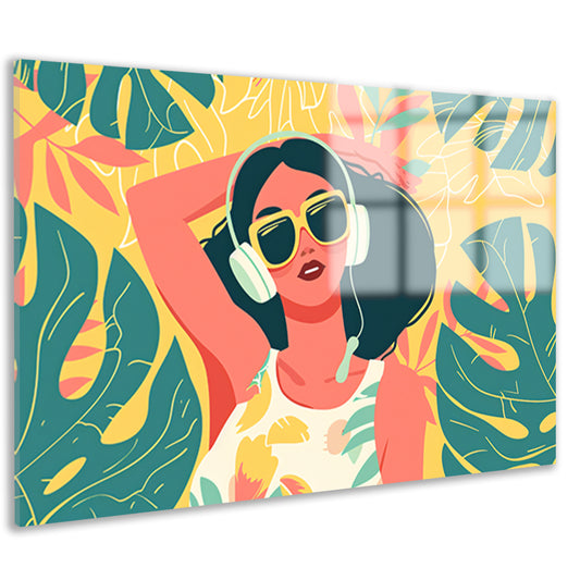Kleurrijke vrouw met koptelefoon in relaxmodus   acrylglas