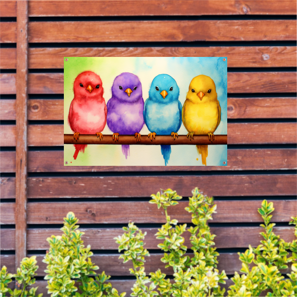 Gezellige kleurrijke vogels op een tak tuinposter