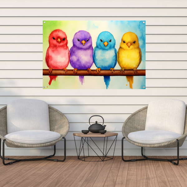 Gezellige kleurrijke vogels op een tak tuinposter
