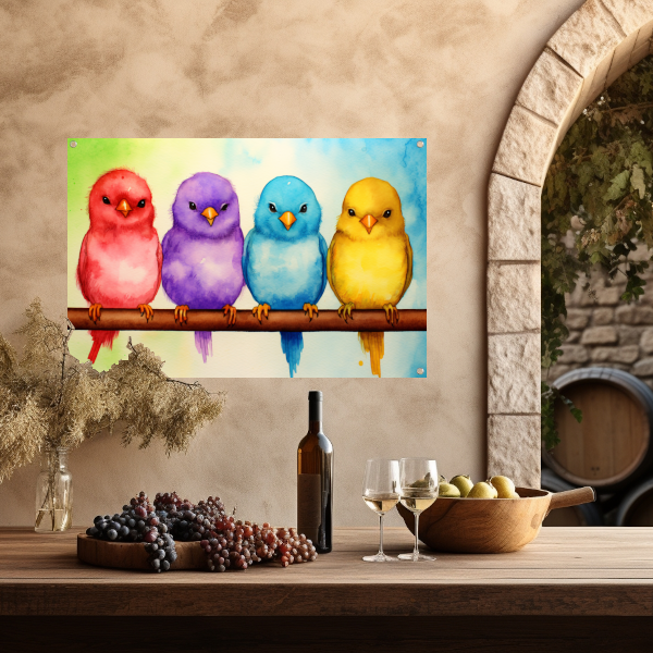Gezellige kleurrijke vogels op een tak tuinposter