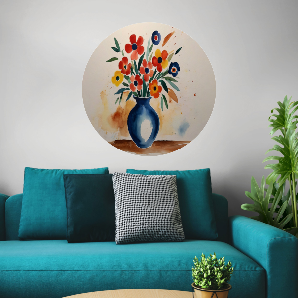 Kleurrijke aquarel van bloemen in vaas aluminium muurcirkel