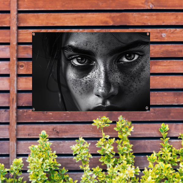 Zwart-wit portret met intense blik tuinposter