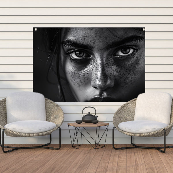 Zwart-wit portret met intense blik tuinposter