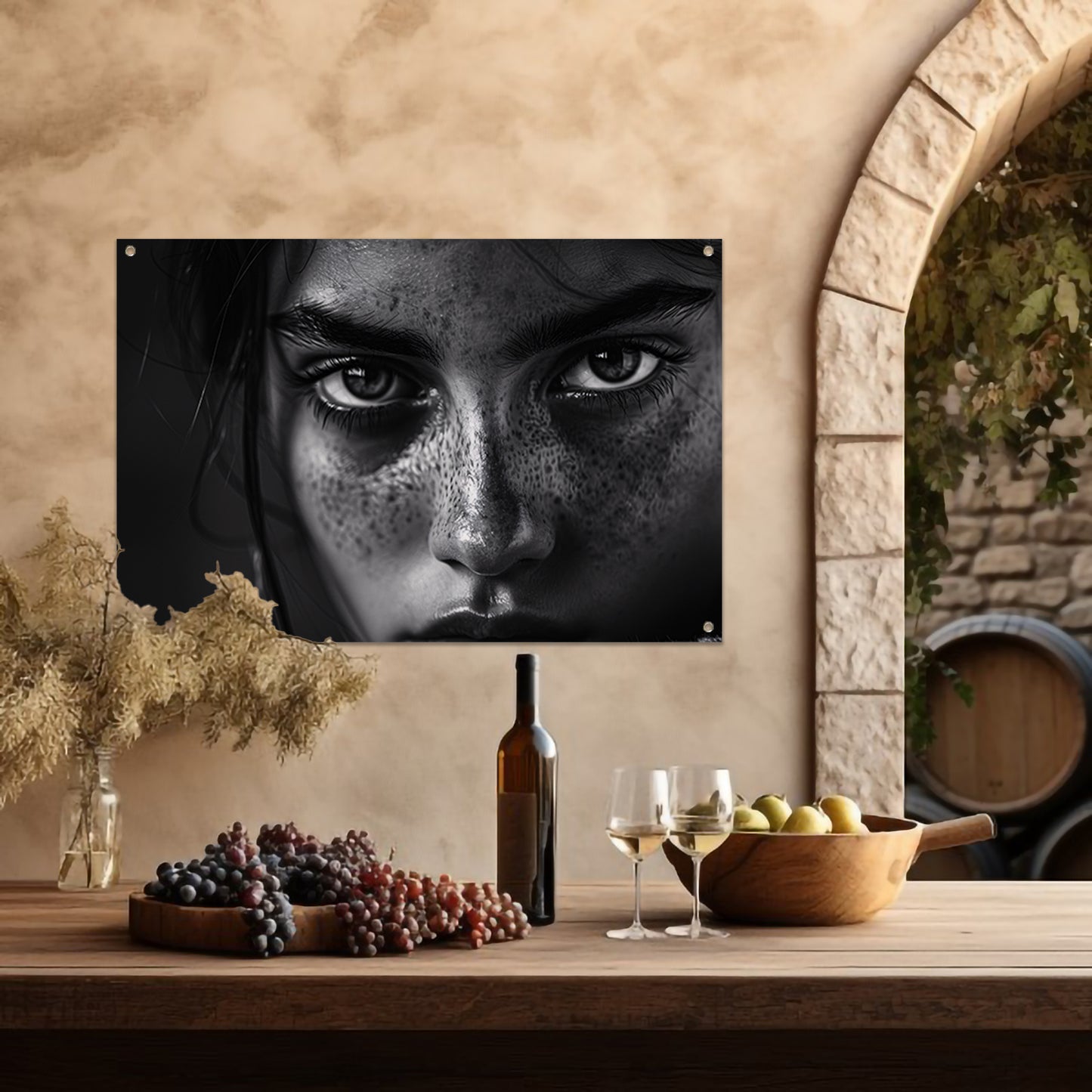 Zwart-wit portret met intense blik tuinposter