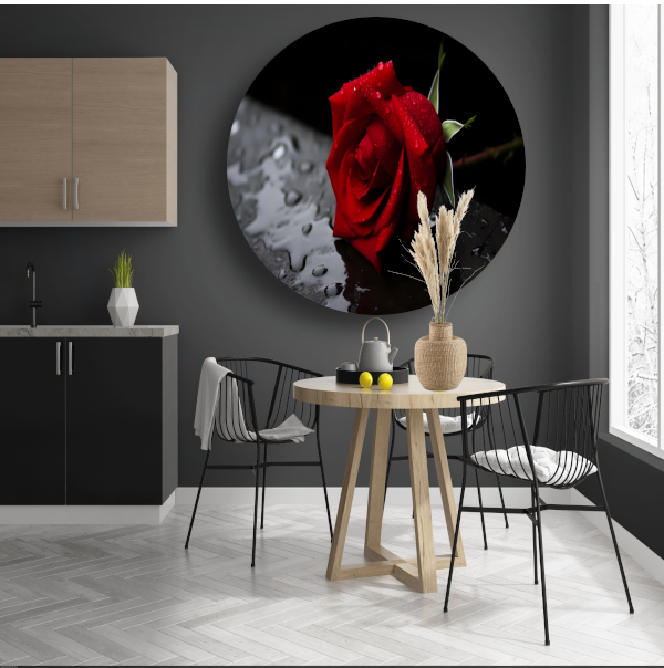 Rode roos met waterdruppels aluminium muurcirkel