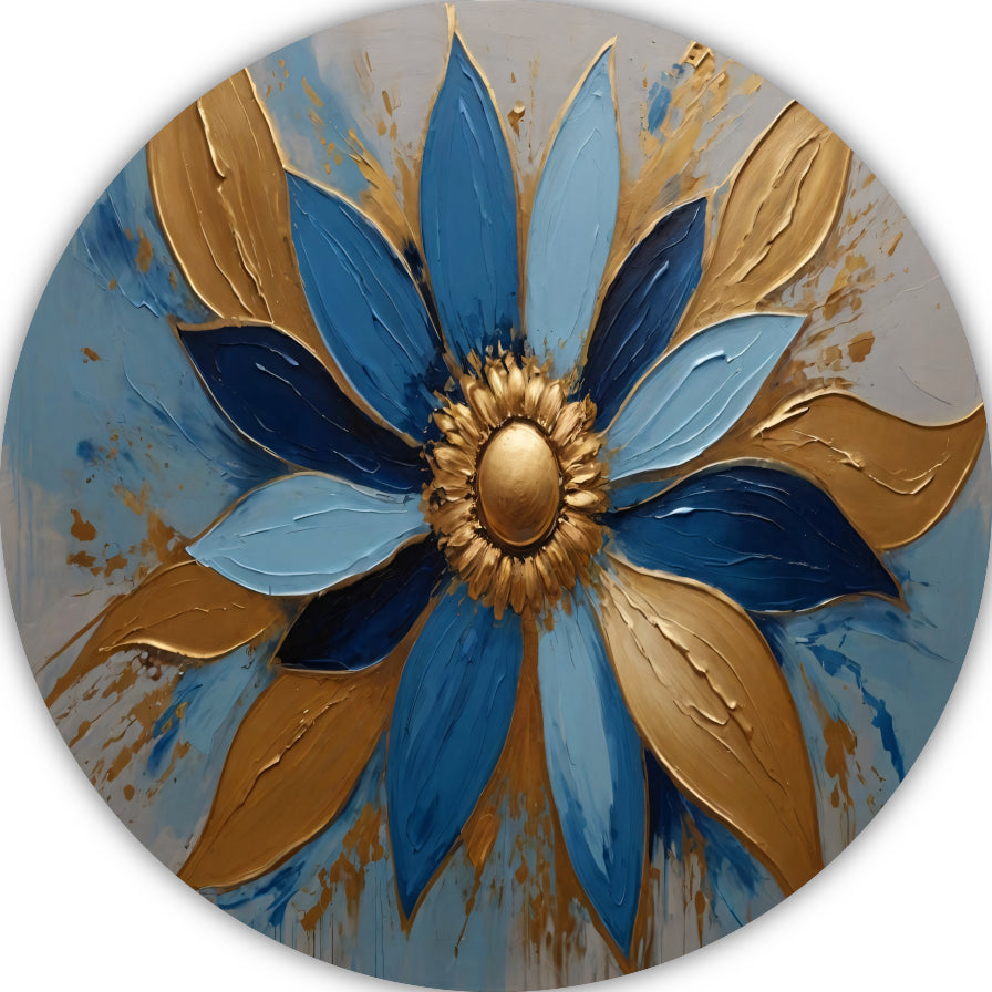 Abstracte Gouden Bloesem op Blauw aluminium muurcirkel