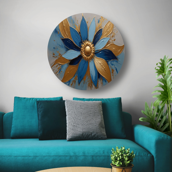 Abstracte Gouden Bloesem op Blauw aluminium muurcirkel