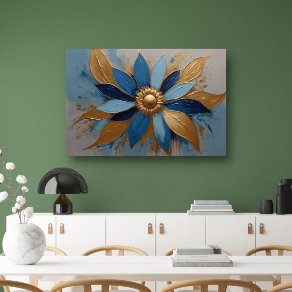 Abstracte Gouden Bloesem op Blauw poster