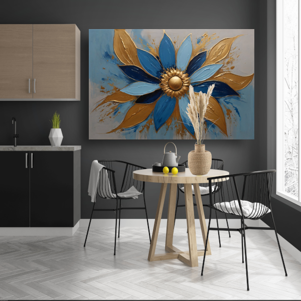 Abstracte Gouden Bloesem op Blauw poster