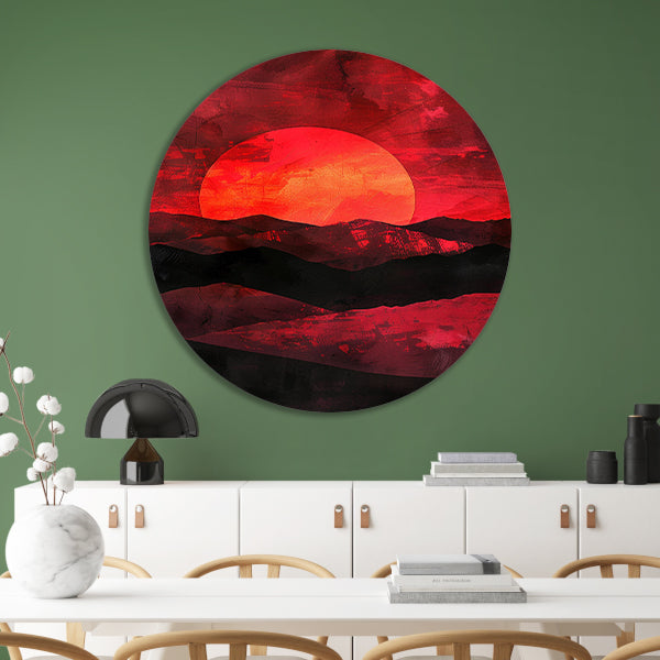 Abstracte zonsondergang met kleurrijk landschap aluminium muurcirkel