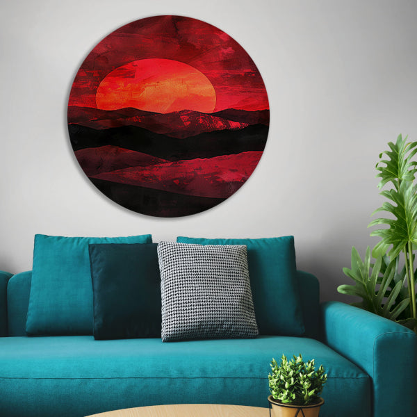 Abstracte zonsondergang met kleurrijk landschap aluminium muurcirkel