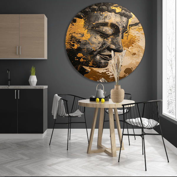 Abstracte interpretatie van Boeddha met gouden tinten forex muurcirkel
