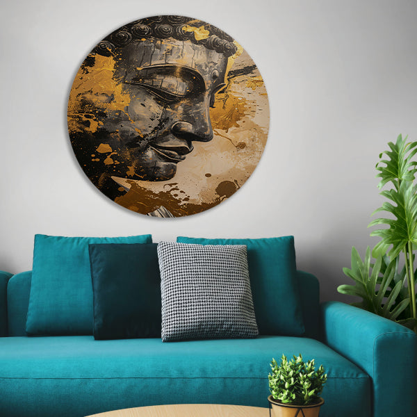 Abstracte interpretatie van Boeddha met gouden tinten forex muurcirkel