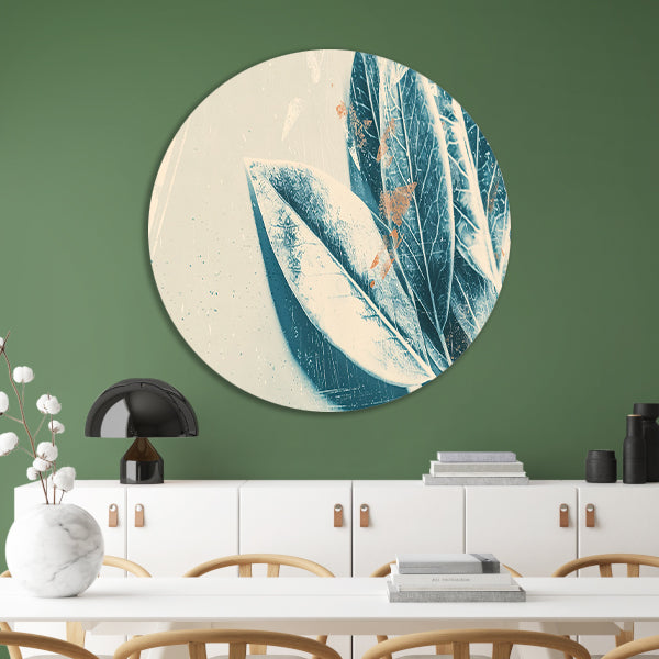 Abstracte blauwe bladeren aquarel kunstwerk aluminium muurcirkel