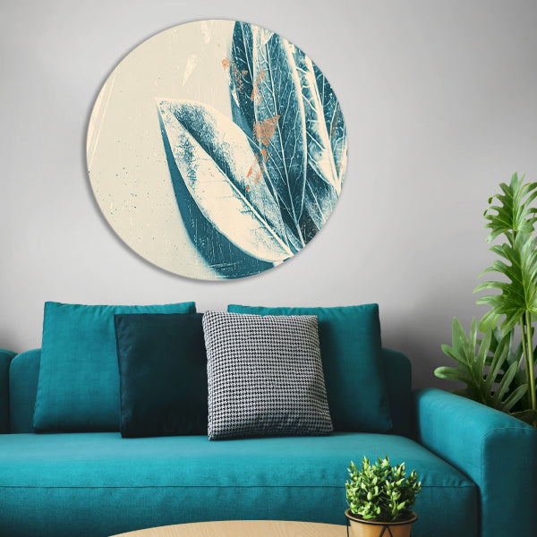 Abstracte blauwe bladeren aquarel kunstwerk aluminium muurcirkel