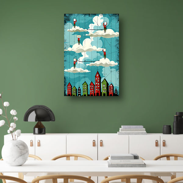 Zwevende figuren boven de stad canvas