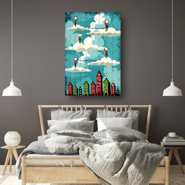 Zwevende figuren boven de stad canvas