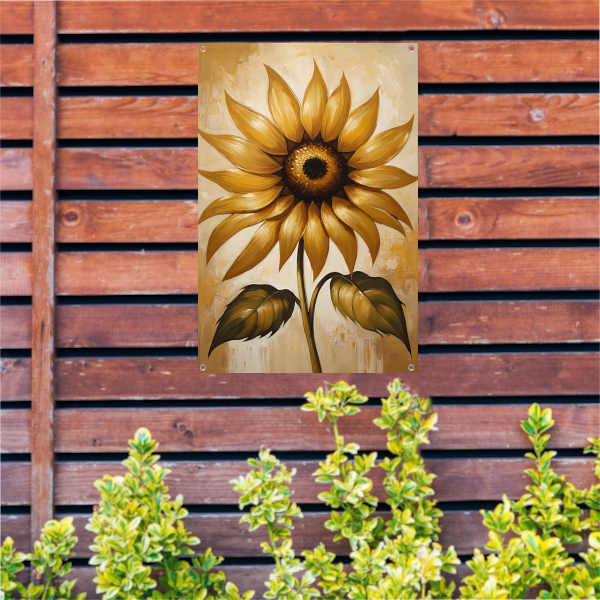 Elegante gouden zonnebloem tegen beige achtergrond tuinposter