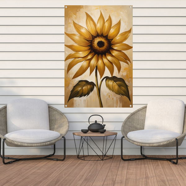 Elegante gouden zonnebloem tegen beige achtergrond tuinposter