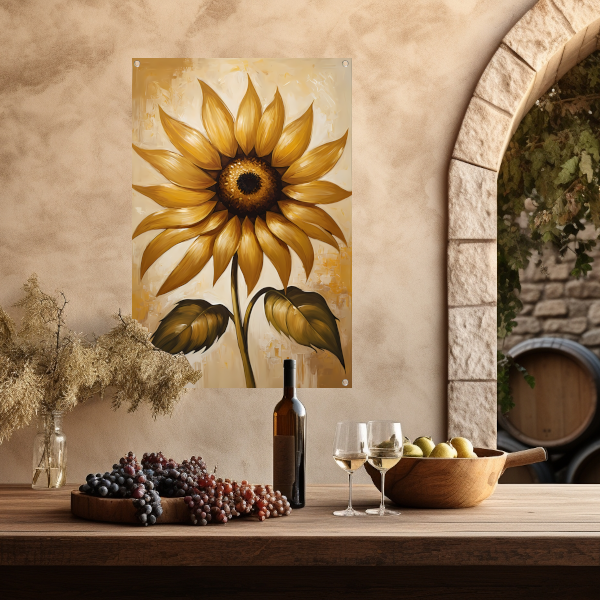 Elegante gouden zonnebloem tegen beige achtergrond tuinposter