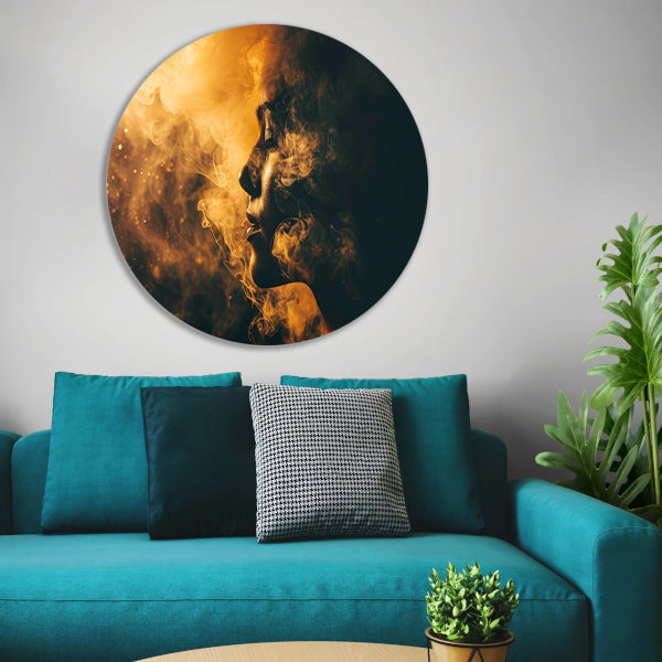 Gouden rook omhult vrouwelijk silhouet aluminium muurcirkel