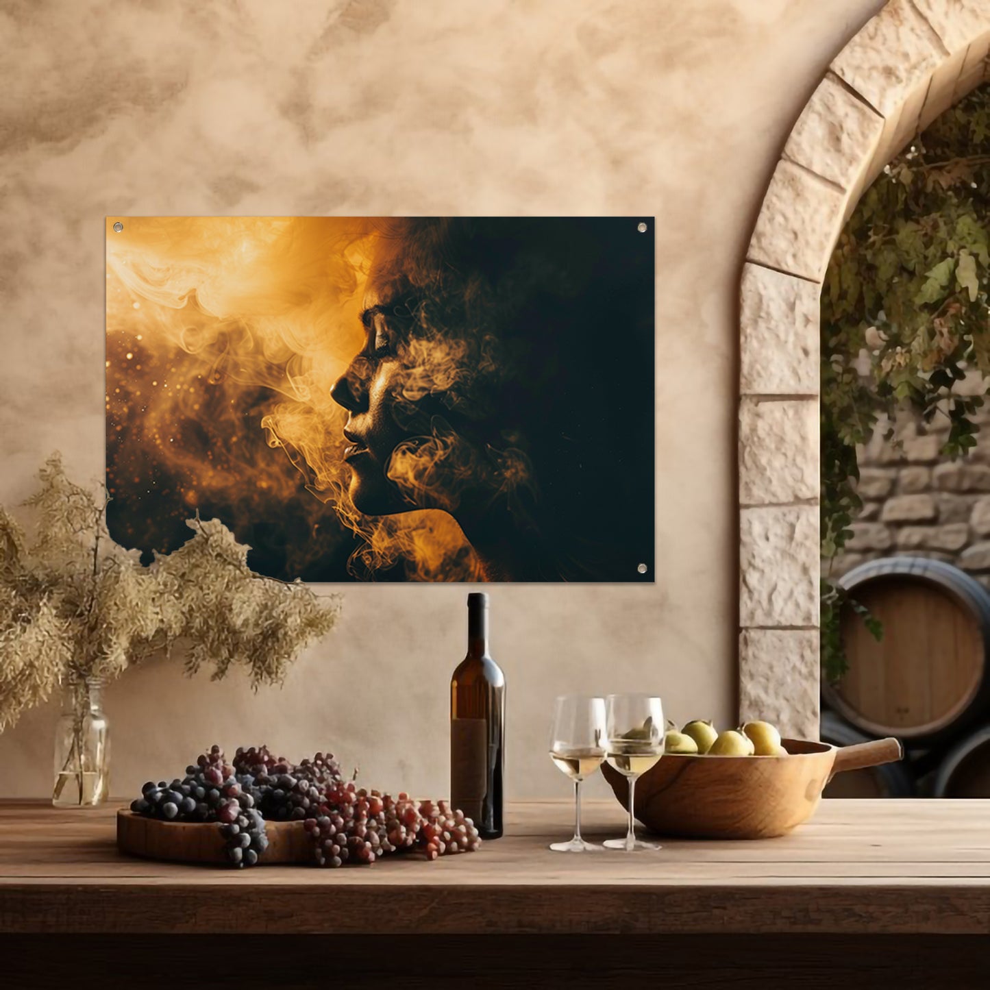 Gouden rook omhult vrouwelijk silhouet tuinposter
