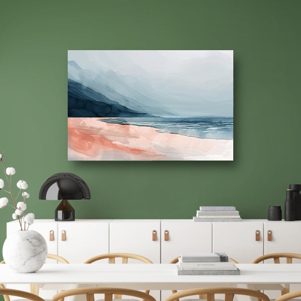 Abstract strandlandschap met bergen en mist poster
