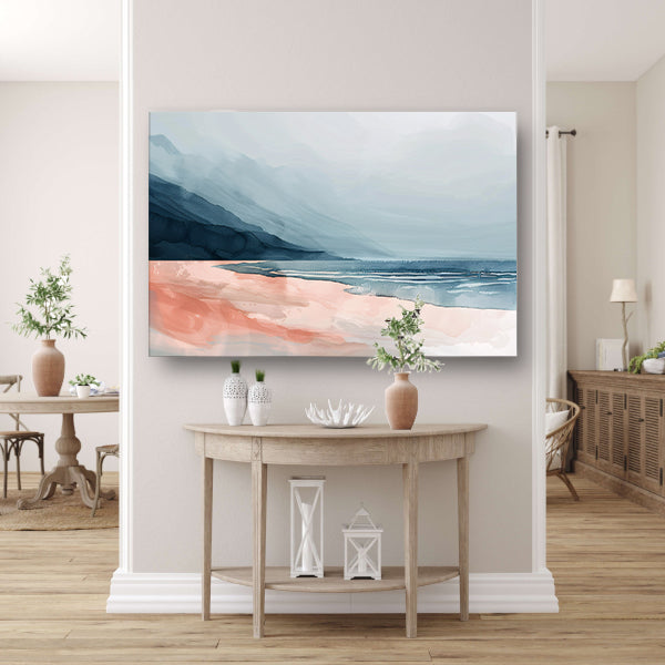 Abstract strandlandschap met bergen en mist poster