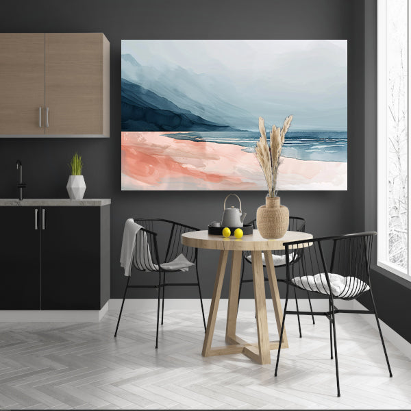 Abstract strandlandschap met bergen en mist poster