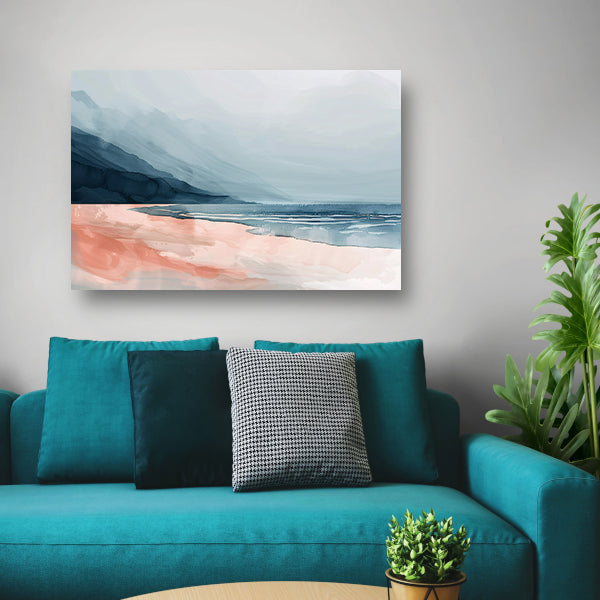 Abstract strandlandschap met bergen en mist poster