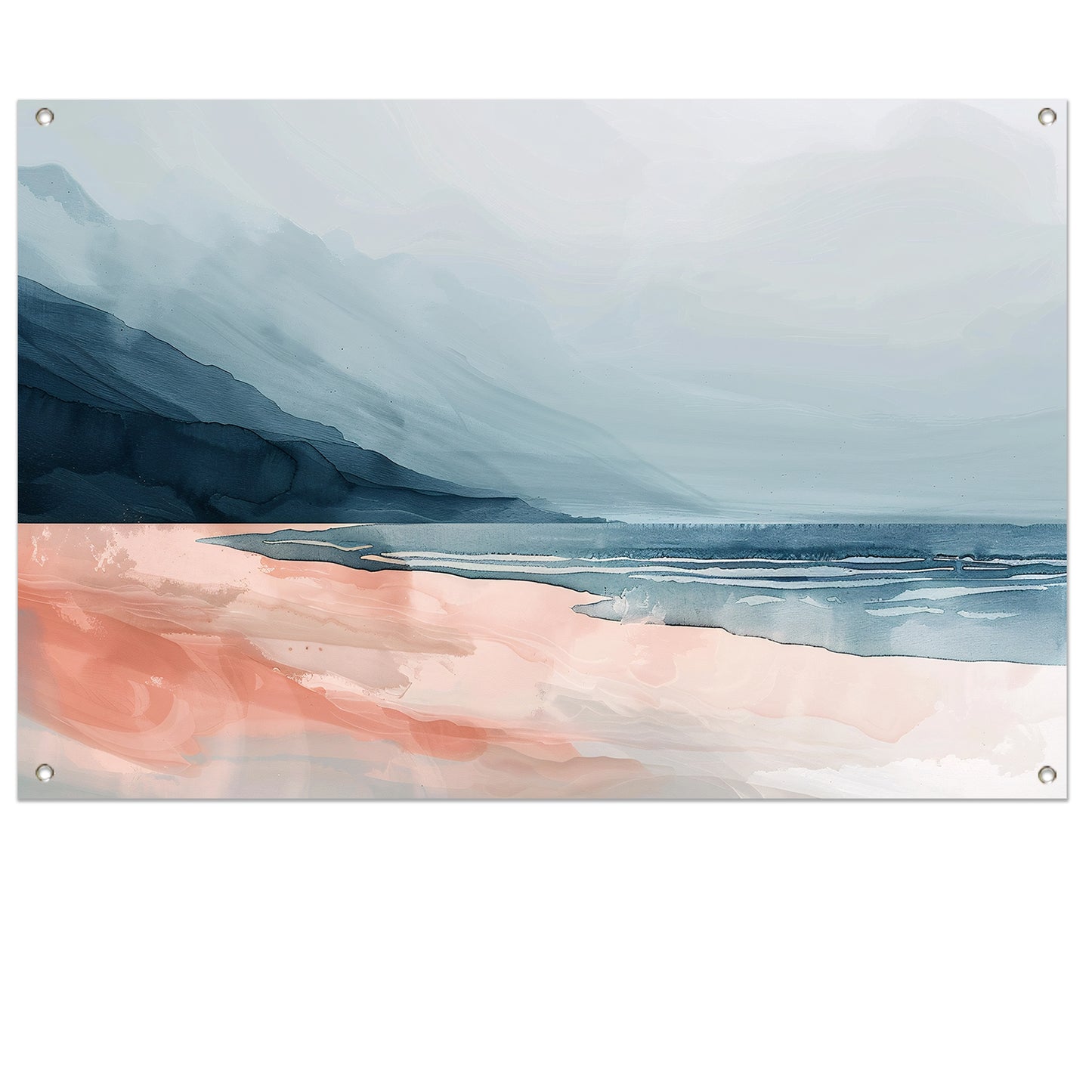 Abstract strandlandschap met bergen en mist tuinposter