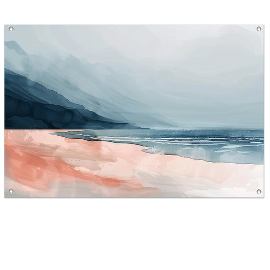 Abstract strandlandschap met bergen en mist tuinposter