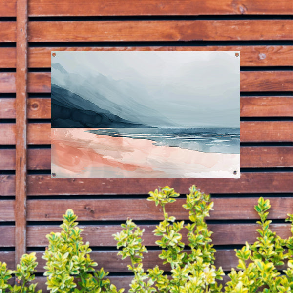 Abstract strandlandschap met bergen en mist tuinposter