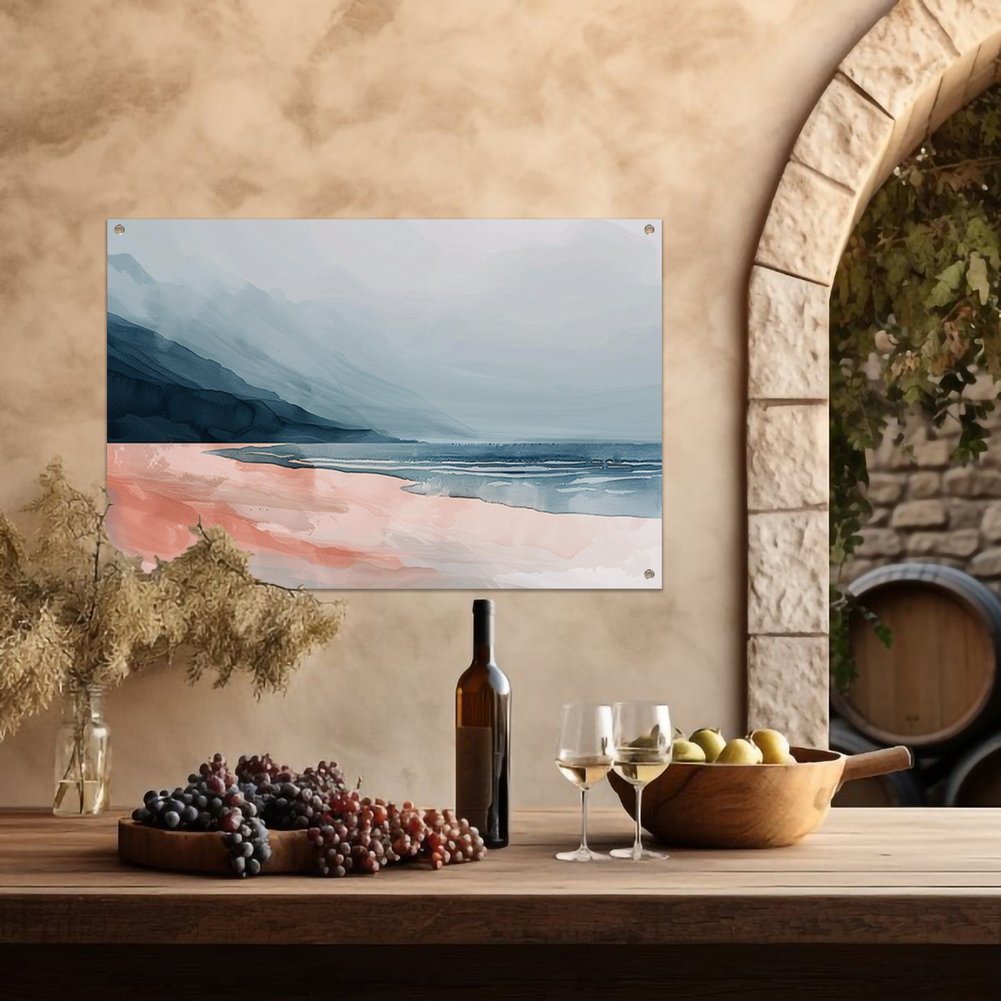 Abstract strandlandschap met bergen en mist tuinposter
