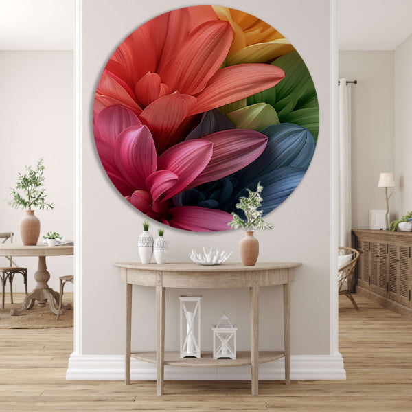 Abstract bloemen in levendige kleuren aluminium muurcirkel