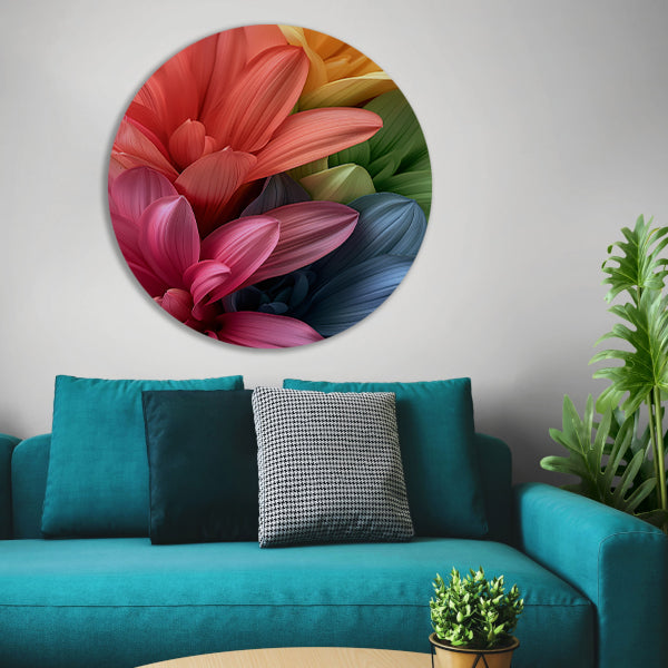 Abstract bloemen in levendige kleuren aluminium muurcirkel