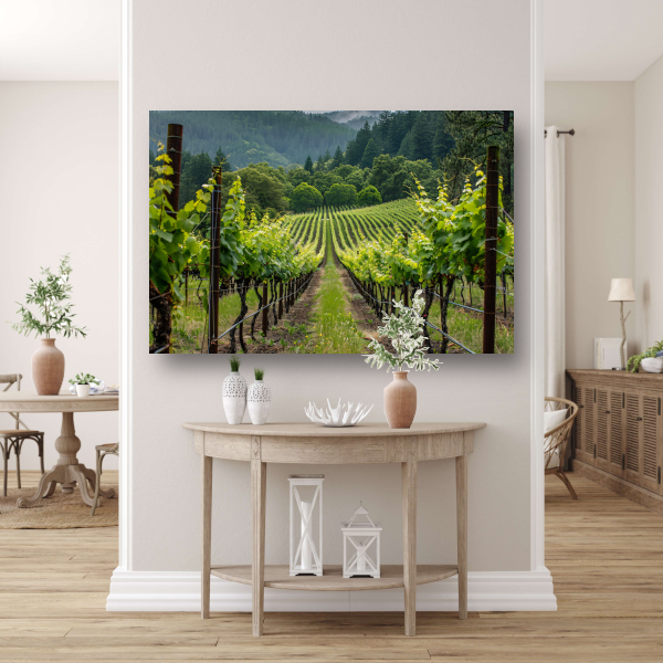 Wijngaard in de vallei met ochtendmist canvas