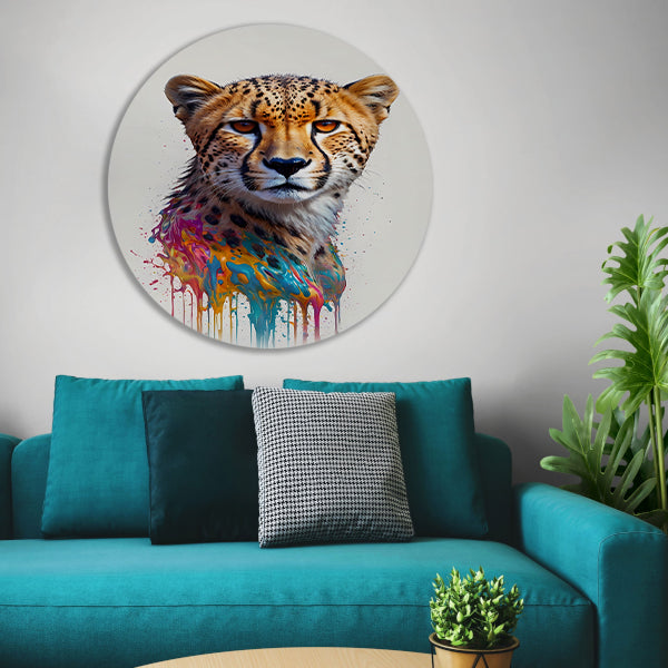 Abstract Cheetah in Kleurexplosie aluminium muurcirkel