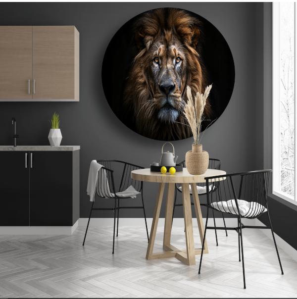 De trotse blik van de koning der dieren aluminium muurcirkel