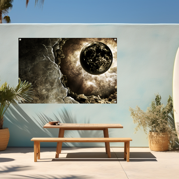 Planeet ontsnapt uit portaal tuinposter