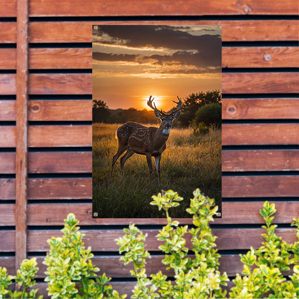 Majestueus hert bij prachtige zonsondergang tuinposter