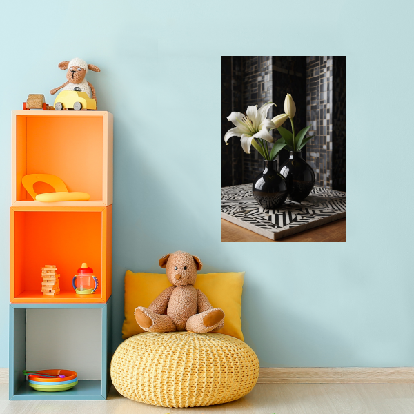 Stilleven met Lelies in Zwart-Witte Vazen canvas