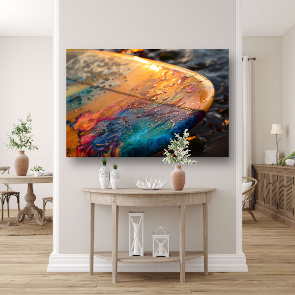 Kleurrijke Surfplank in Glinsterende Zee bij Zonsondergang canvas