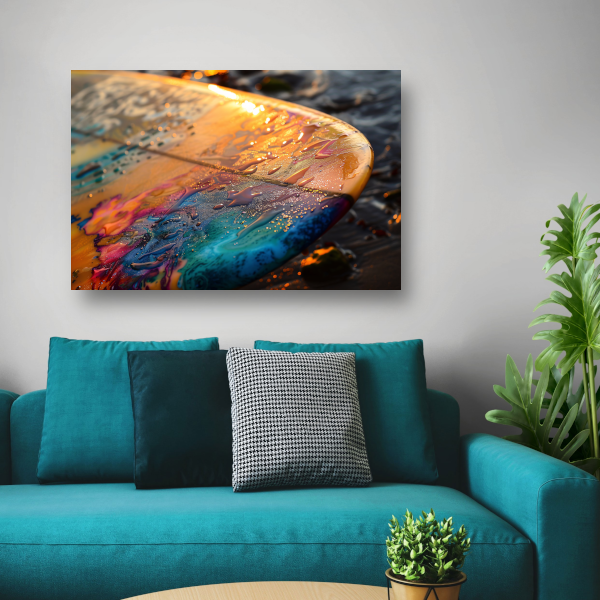 Kleurrijke Surfplank in Glinsterende Zee bij Zonsondergang canvas