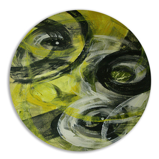 Dynamisch abstract schilderij met cirkels en kleuren aluminium muurcirkel