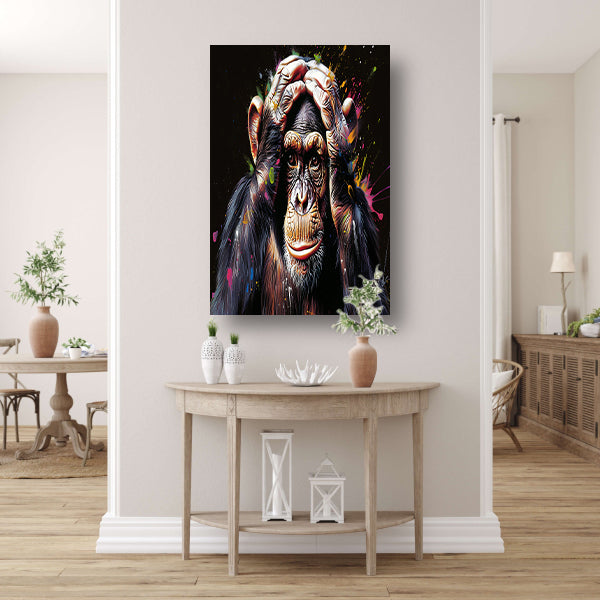 Realistisch schilderij van aap met kleurenexplosie canvas