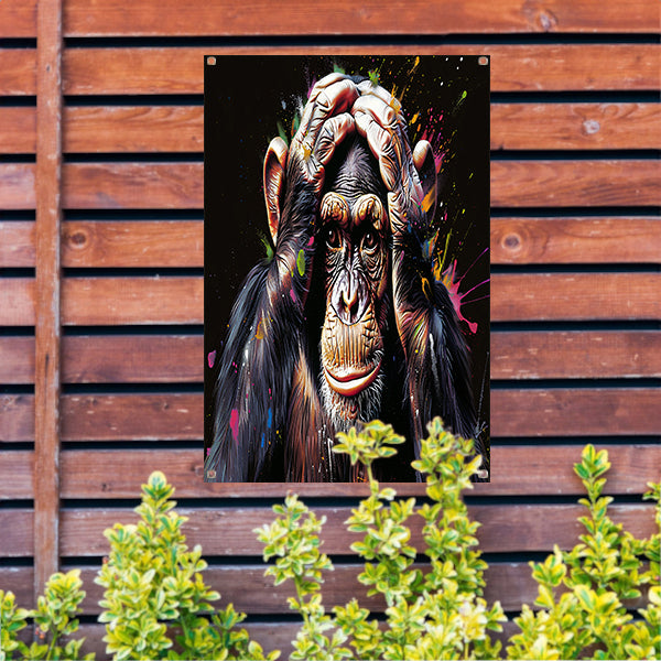 Realistisch schilderij van aap met kleurenexplosie tuinposter