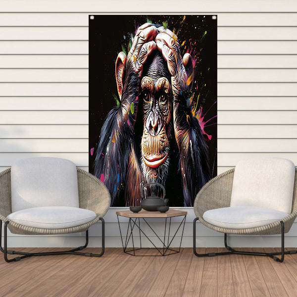 Realistisch schilderij van aap met kleurenexplosie tuinposter